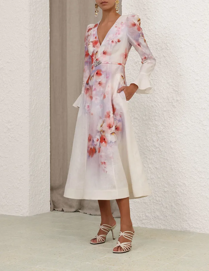Women Zimmermann Dresses Crush Frill Sleeved Midi Dress Scarlet Floral