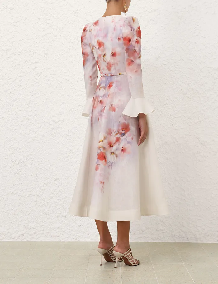 Women Zimmermann Dresses Crush Frill Sleeved Midi Dress Scarlet Floral