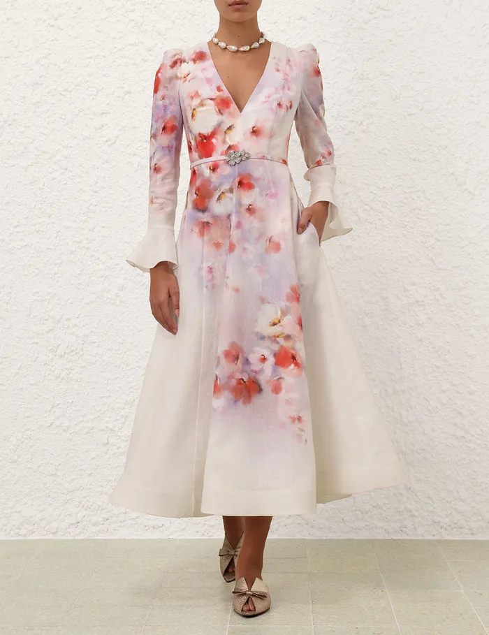 Women Zimmermann Dresses Crush Frill Sleeved Midi Dress Scarlet Floral