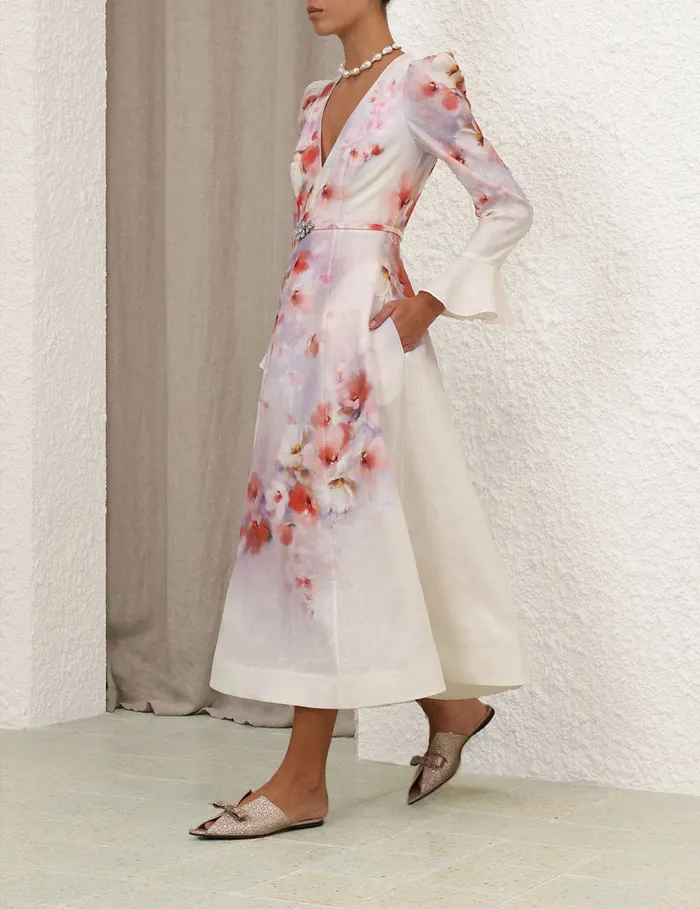 Women Zimmermann Dresses Crush Frill Sleeved Midi Dress Scarlet Floral