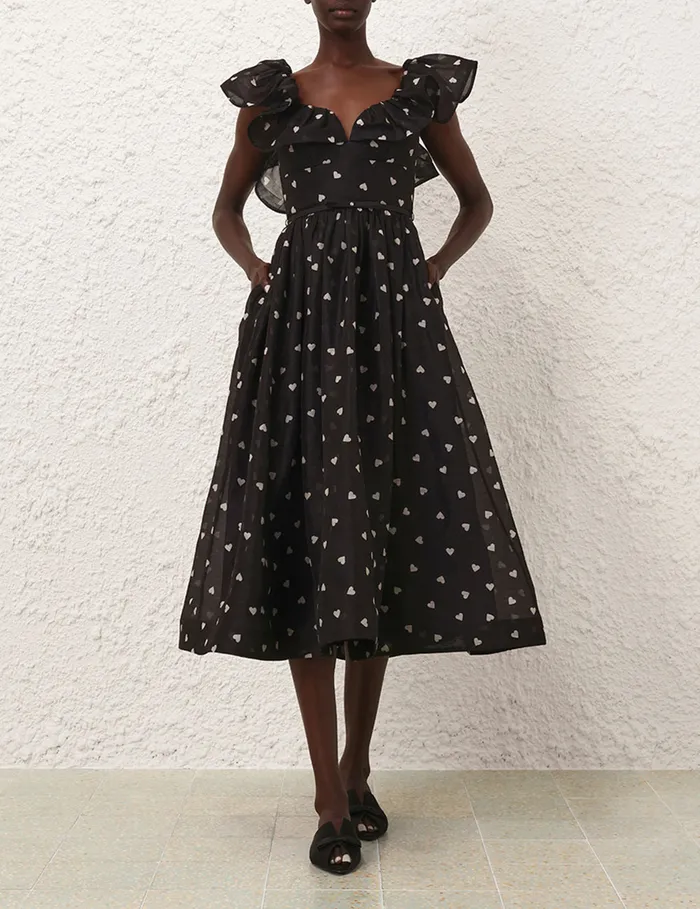 Women Zimmermann Dresses Crush Frilled Midi Dress Black Hearts