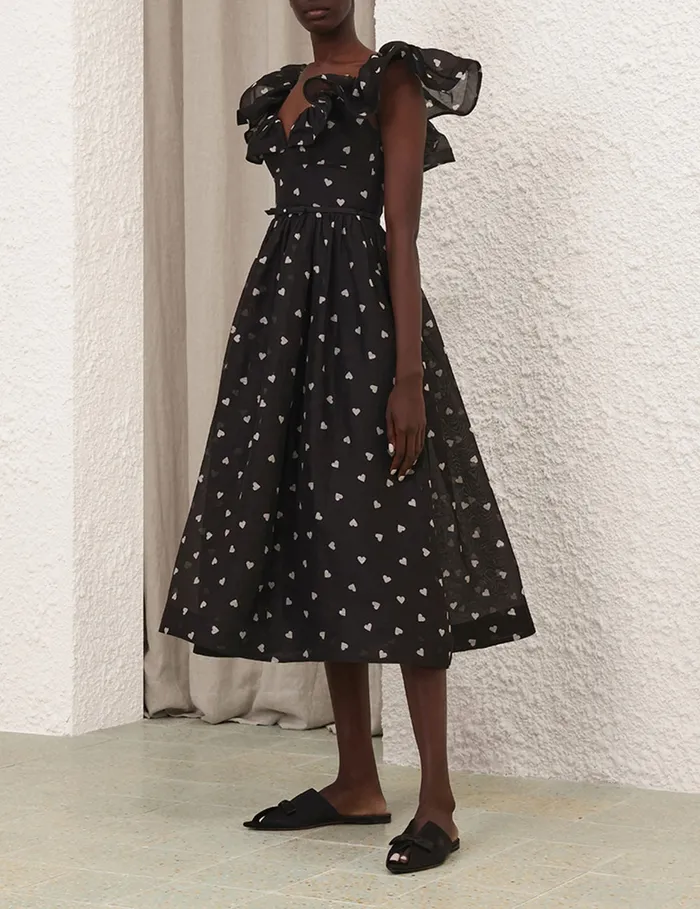 Women Zimmermann Dresses Crush Frilled Midi Dress Black Hearts