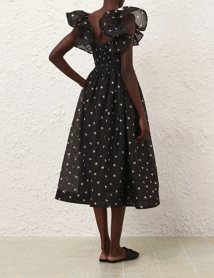 Women Zimmermann Dresses Crush Frilled Midi Dress Black Hearts