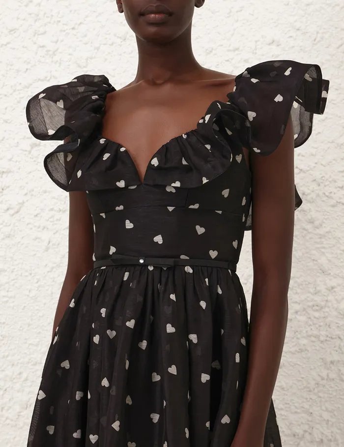 Women Zimmermann Dresses Crush Frilled Midi Dress Black Hearts