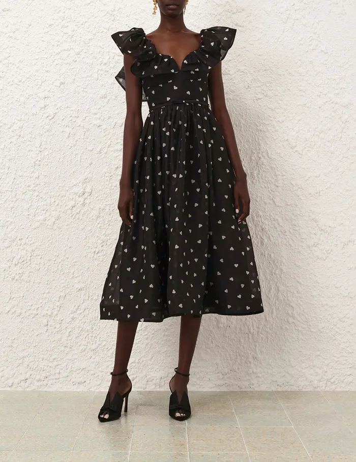 Women Zimmermann Dresses Crush Frilled Midi Dress Black Hearts