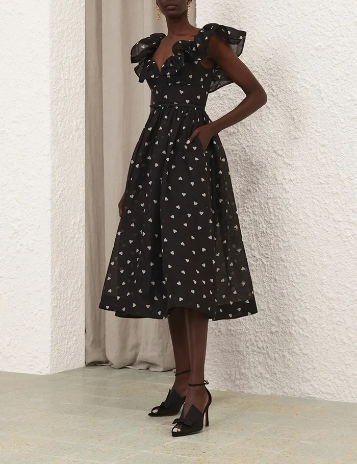 Women Zimmermann Dresses Crush Frilled Midi Dress Black Hearts