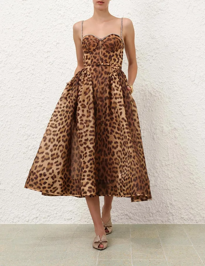 Women Zimmermann Dresses Crush Panelled Midi Dress Leopard