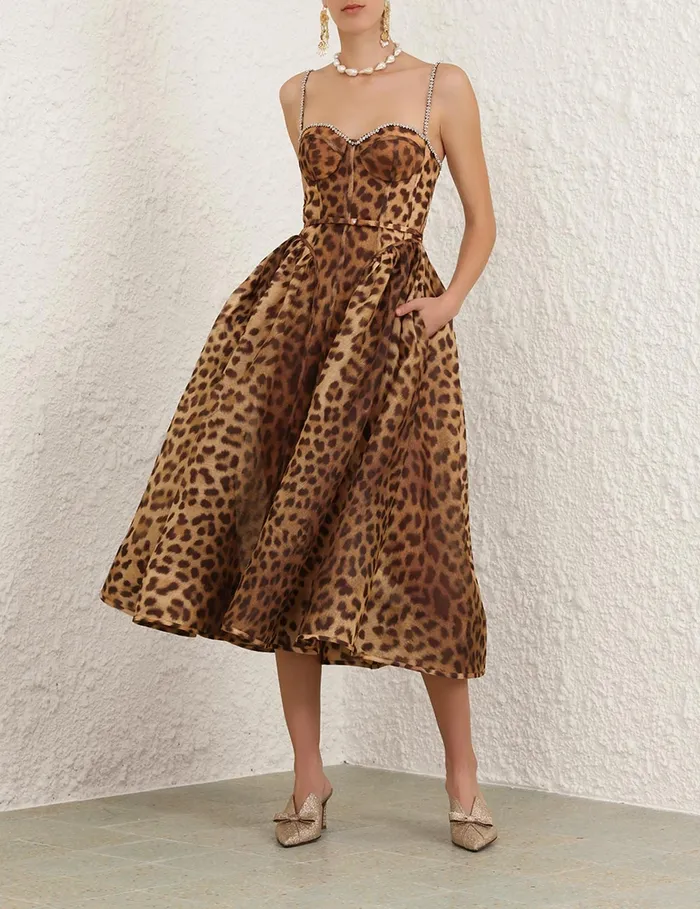 Women Zimmermann Dresses Crush Panelled Midi Dress Leopard