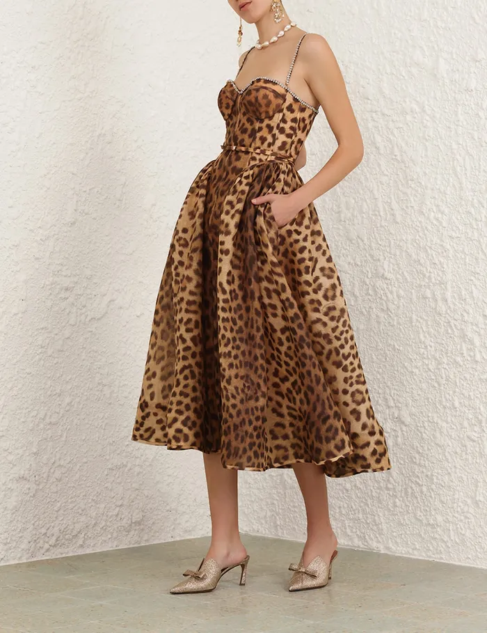 Women Zimmermann Dresses Crush Panelled Midi Dress Leopard