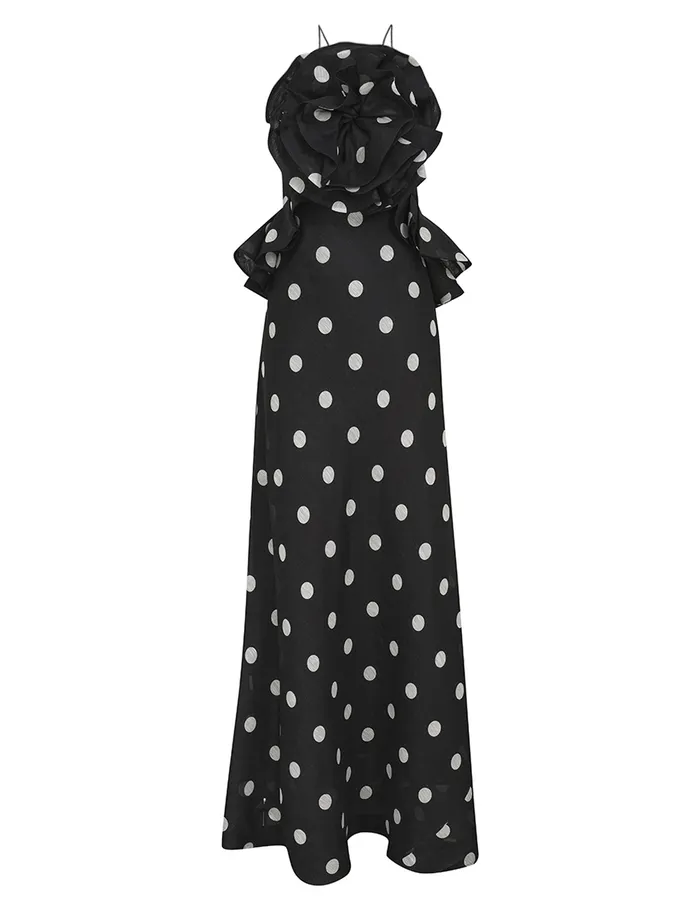 Women Zimmermann Dresses Crush Ruffle Halter Maxi Dress Blackcream Dot