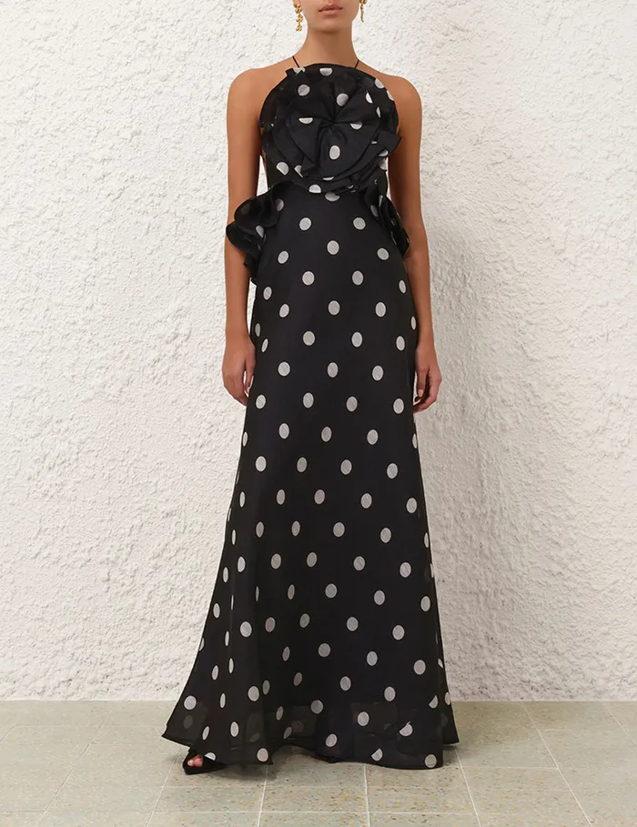 Women Zimmermann Dresses Crush Ruffle Halter Maxi Dress Blackcream Dot