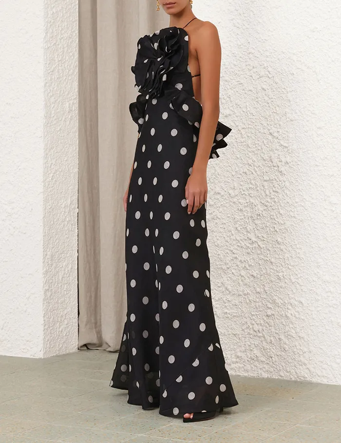 Women Zimmermann Dresses Crush Ruffle Halter Maxi Dress Blackcream Dot