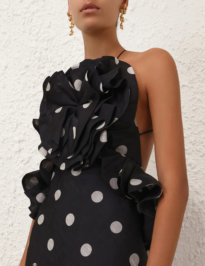 Women Zimmermann Dresses Crush Ruffle Halter Maxi Dress Blackcream Dot