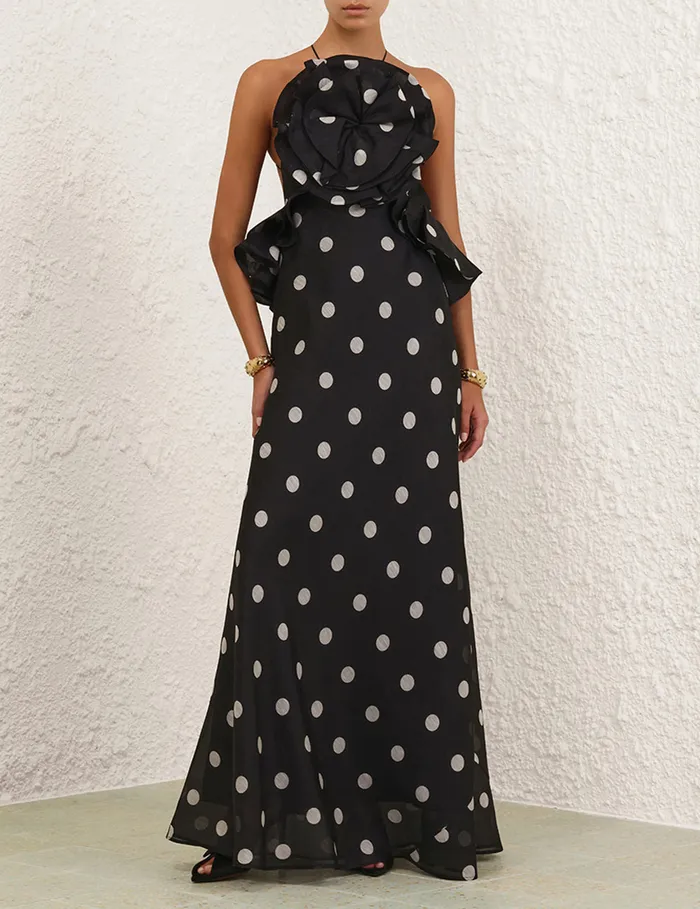 Women Zimmermann Dresses Crush Ruffle Halter Maxi Dress Blackcream Dot