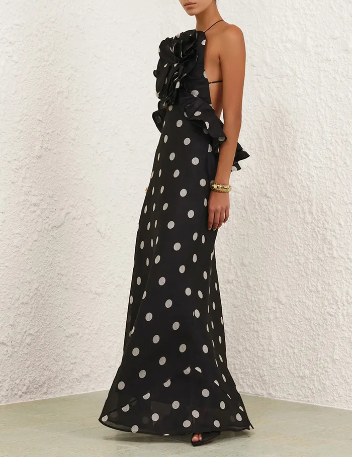 Women Zimmermann Dresses Crush Ruffle Halter Maxi Dress Blackcream Dot