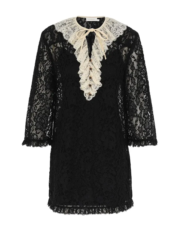 Women Zimmermann Dresses Eden Lace Frill Mini Dress Blackcream