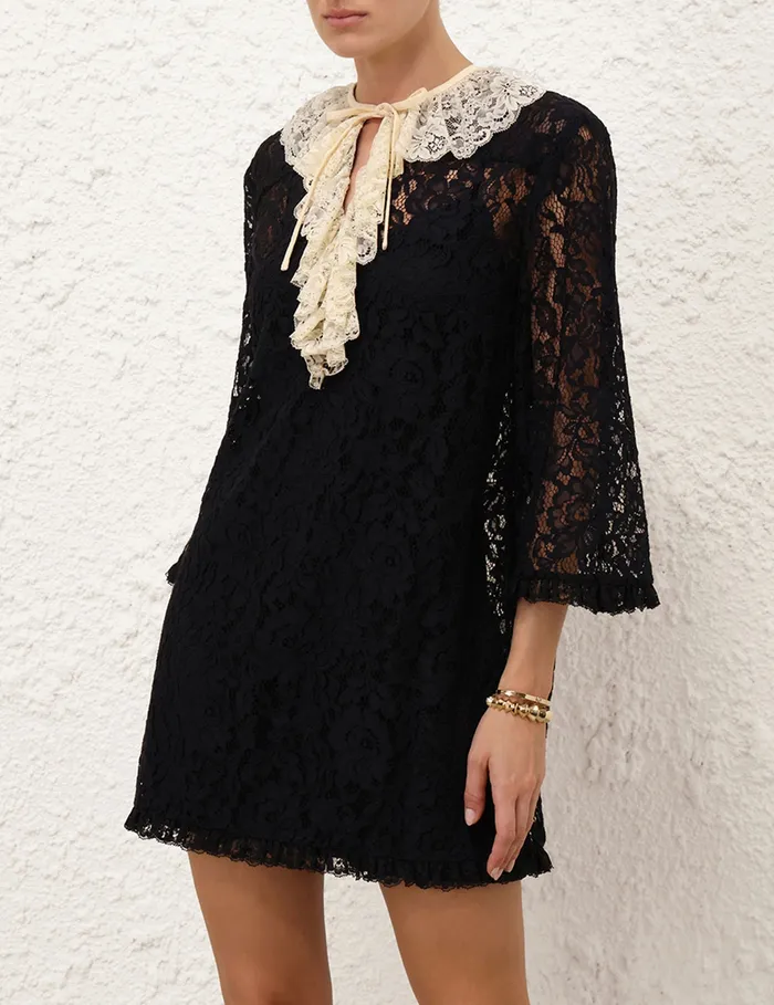 Women Zimmermann Dresses Eden Lace Frill Mini Dress Blackcream