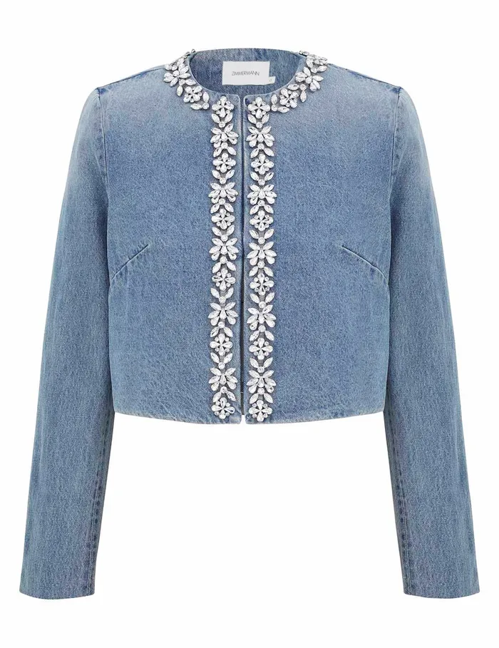 Women Zimmermann Jackets and Coats Crush Embellished Denim Jacket Blue Moon