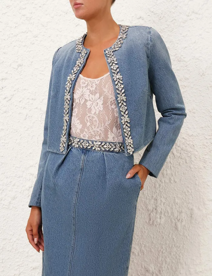 Women Zimmermann Jackets and Coats Crush Embellished Denim Jacket Blue Moon