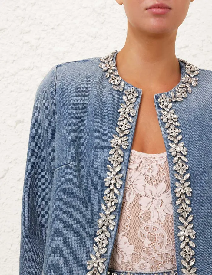 Women Zimmermann Jackets and Coats Crush Embellished Denim Jacket Blue Moon