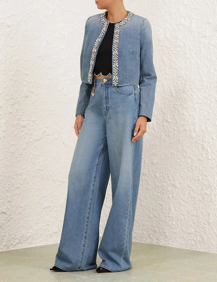 Women Zimmermann Jackets and Coats Crush Embellished Denim Jacket Blue Moon