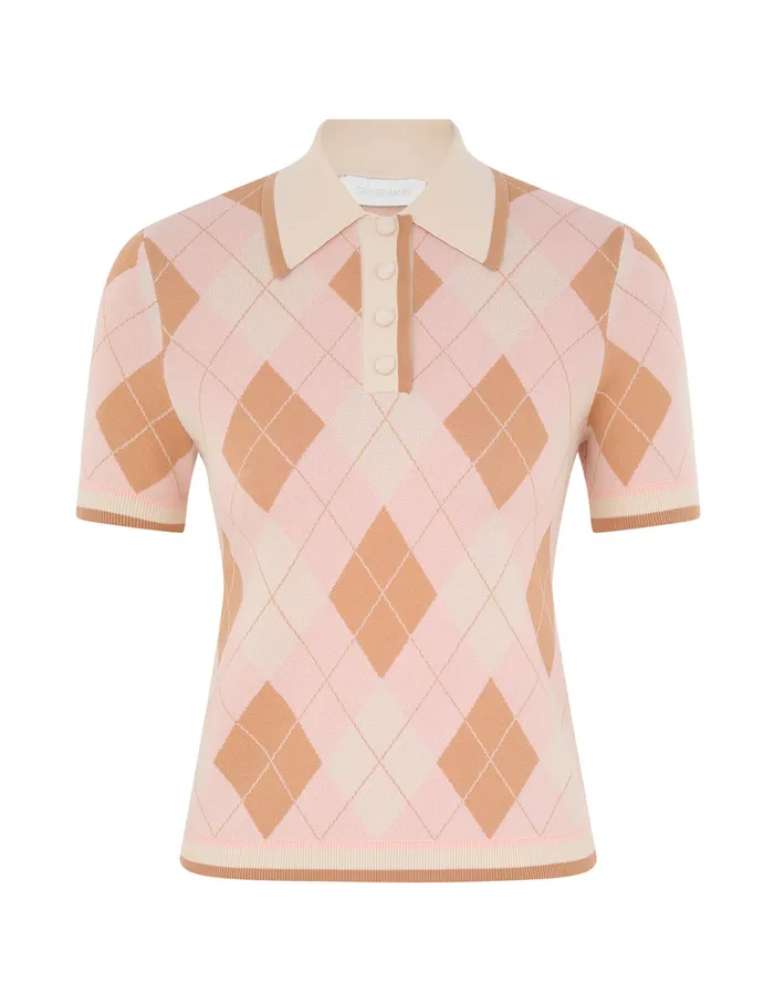 Women Zimmermann Knitwear Acacia Argyle Knit Polo Pink Argyle