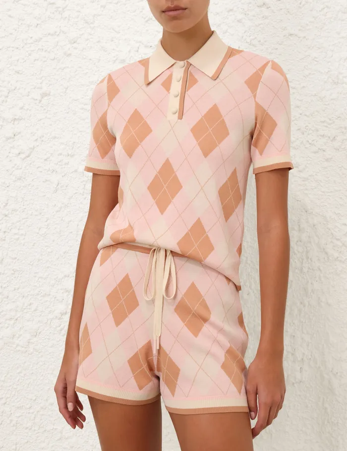 Women Zimmermann Knitwear Acacia Argyle Knit Polo Pink Argyle