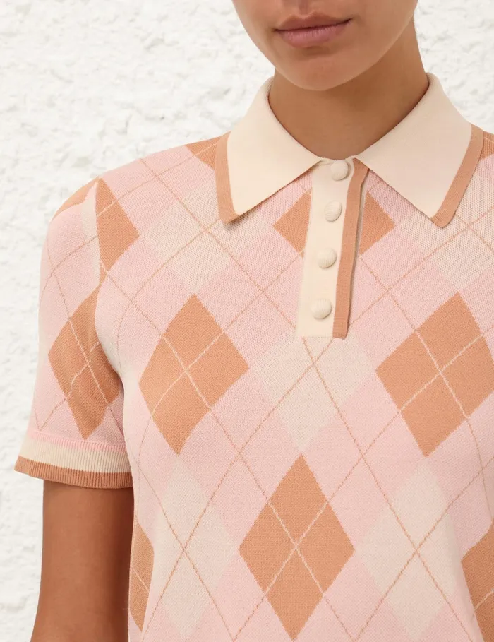 Women Zimmermann Knitwear Acacia Argyle Knit Polo Pink Argyle