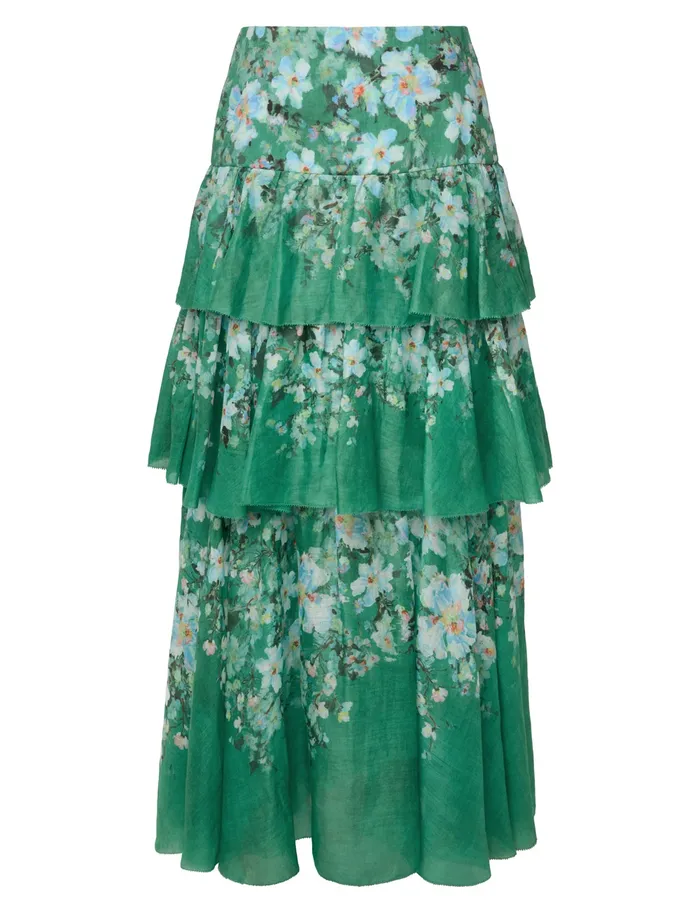 Women Zimmermann Skirts Everley Tiered Midi Skirt Green Watercolour Floral