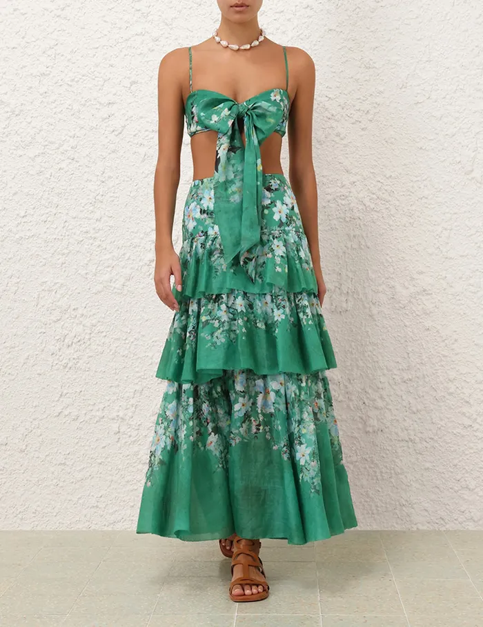 Women Zimmermann Skirts Everley Tiered Midi Skirt Green Watercolour Floral