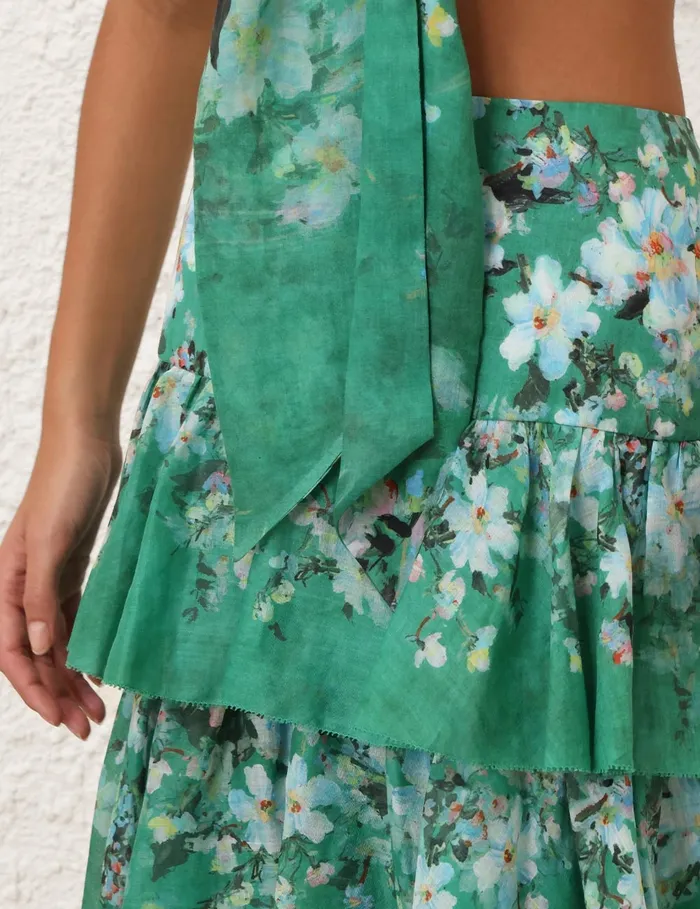 Women Zimmermann Skirts Everley Tiered Midi Skirt Green Watercolour Floral