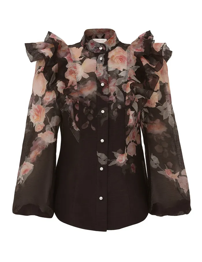Women Zimmermann Tops Crush Frill Sleeve Blouse Black Floral