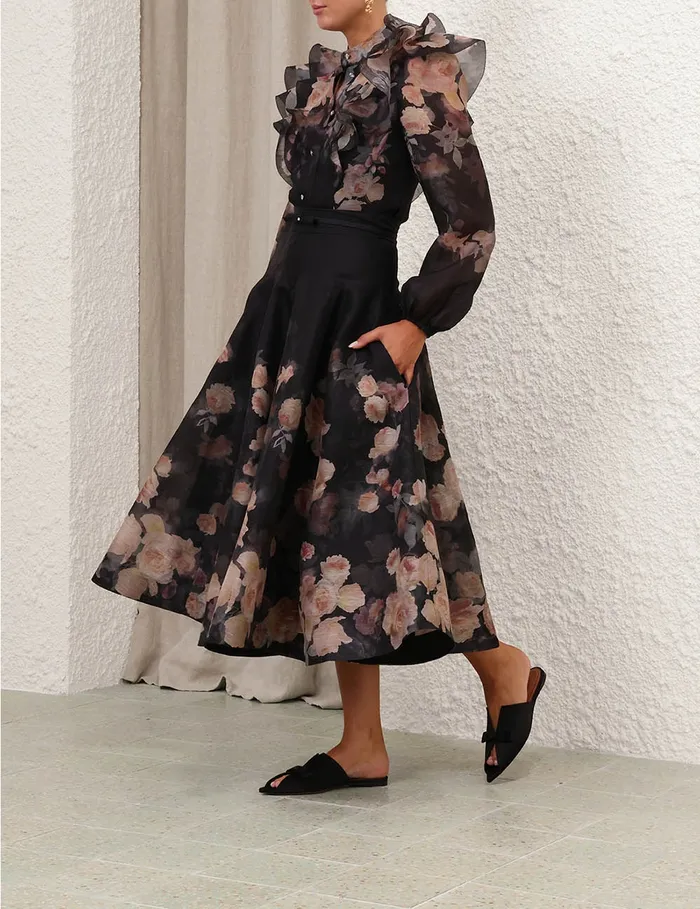 Women Zimmermann Tops Crush Frill Sleeve Blouse Black Floral