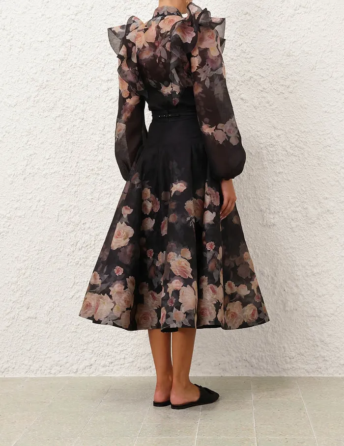 Women Zimmermann Tops Crush Frill Sleeve Blouse Black Floral