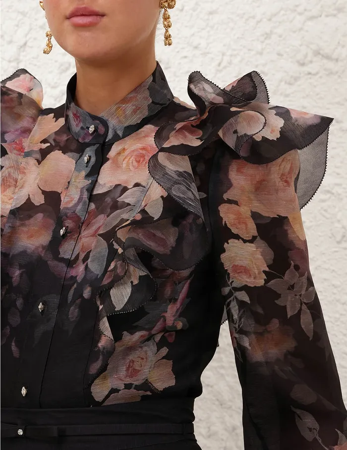 Women Zimmermann Tops Crush Frill Sleeve Blouse Black Floral