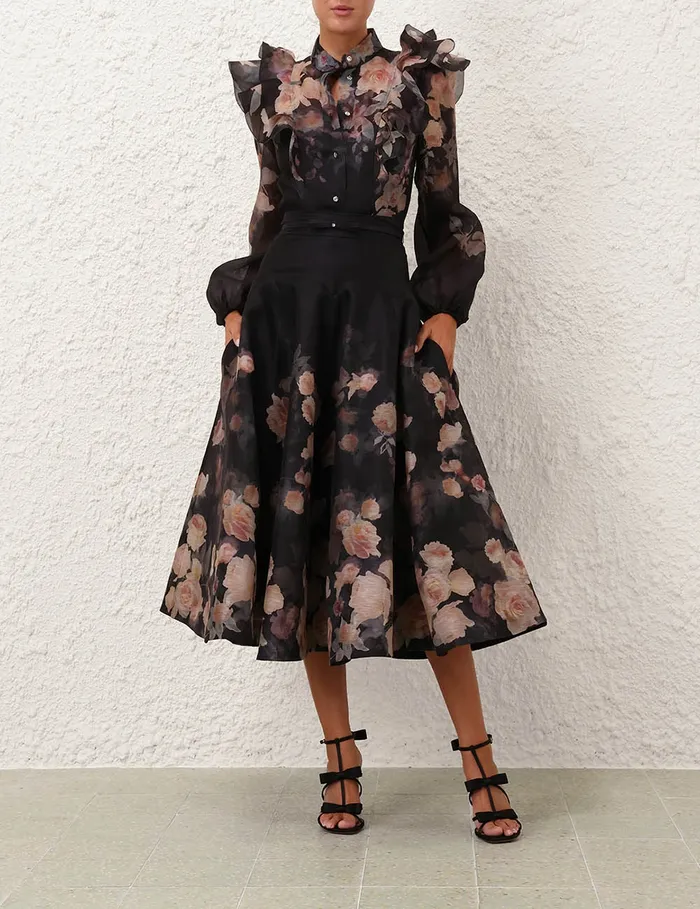 Women Zimmermann Tops Crush Frill Sleeve Blouse Black Floral