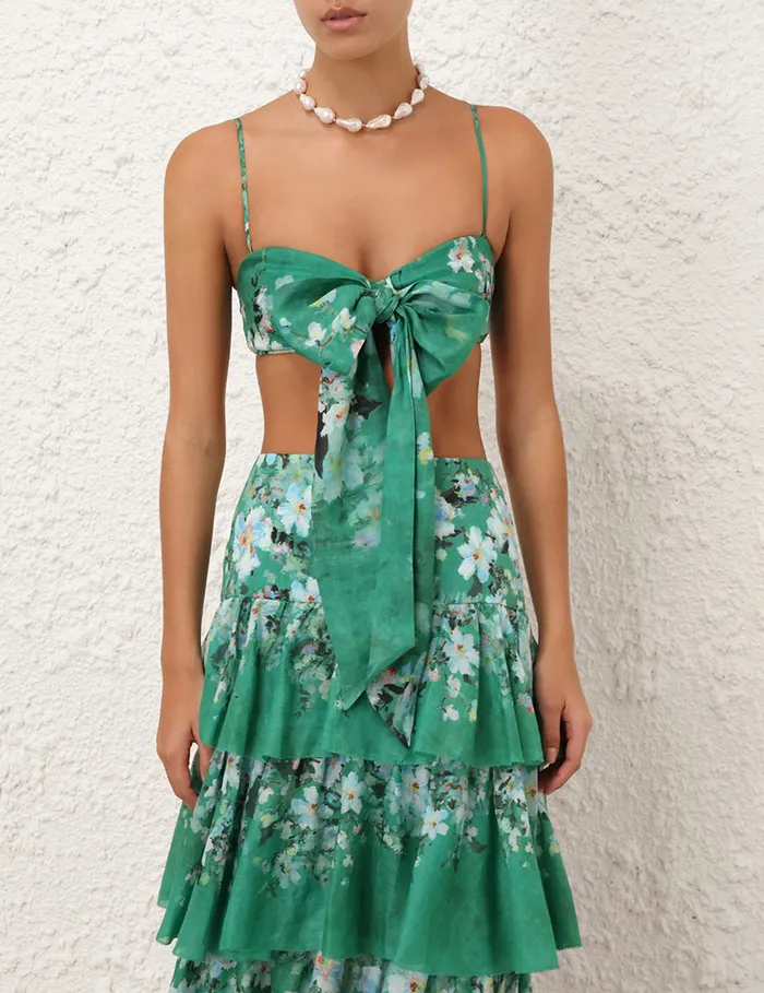 Women Zimmermann Tops Everley Draped Bow Bralette Green Watercolour Floral