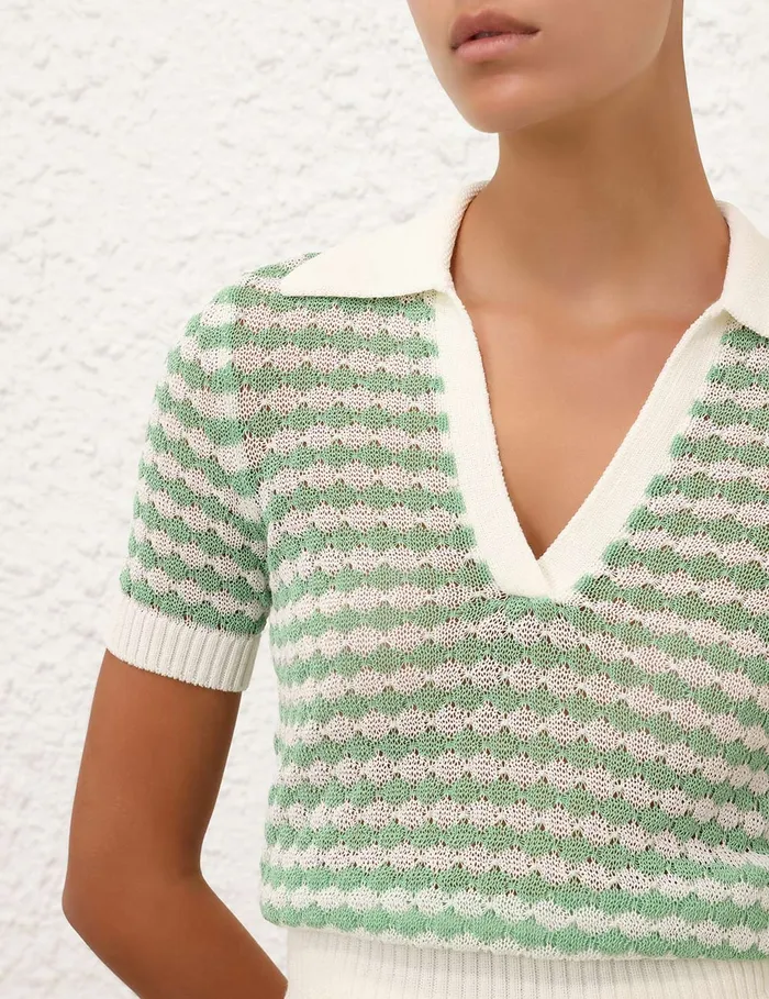 Women Zimmermann Tops Everley Scallop Knit Polo Tee Greencream