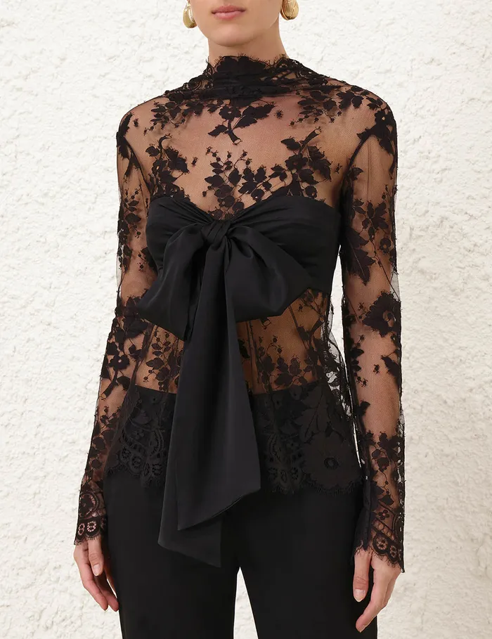 Women Zimmermann Tops Illustration Lace Bow Bodice Black