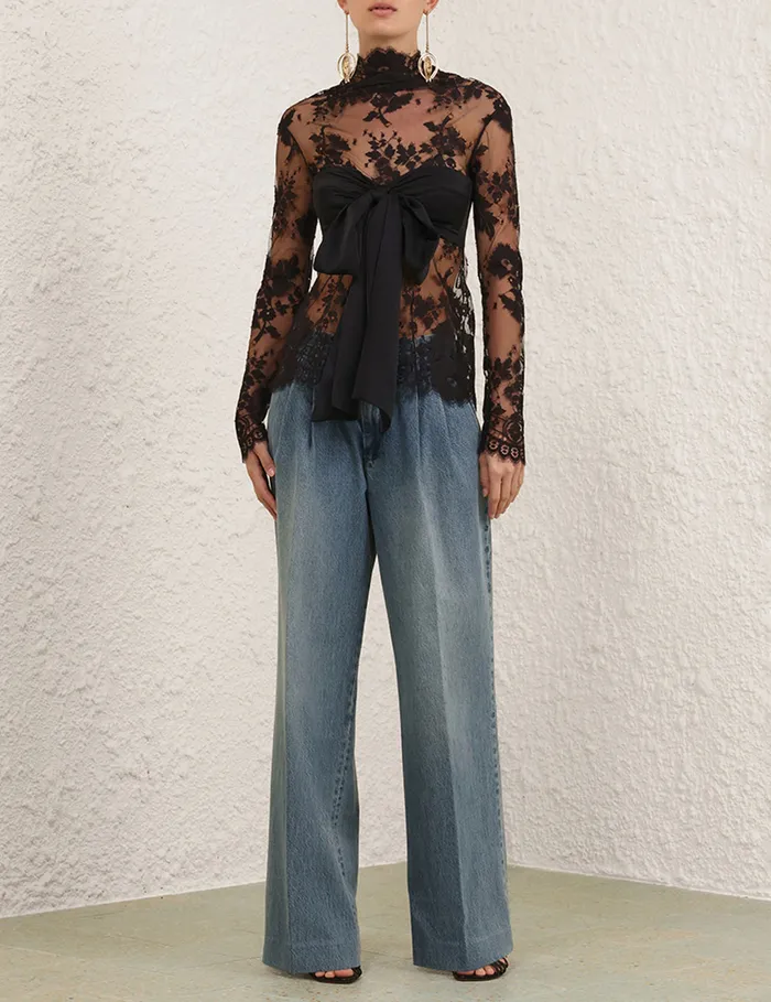 Women Zimmermann Tops Illustration Lace Bow Bodice Black