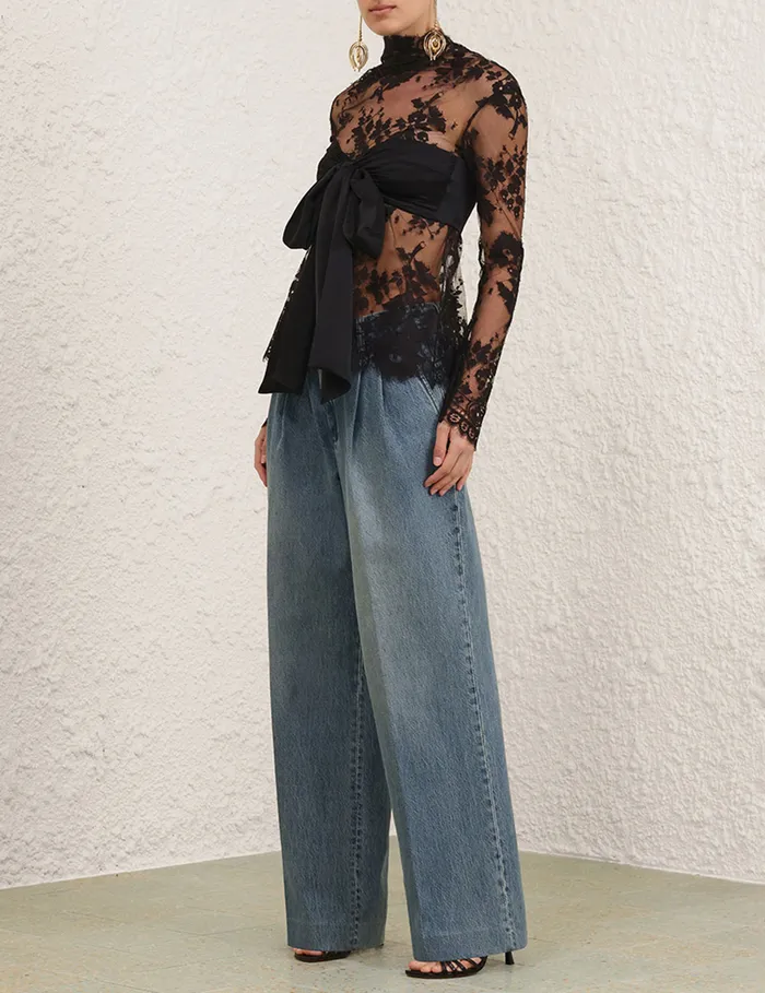 Women Zimmermann Tops Illustration Lace Bow Bodice Black