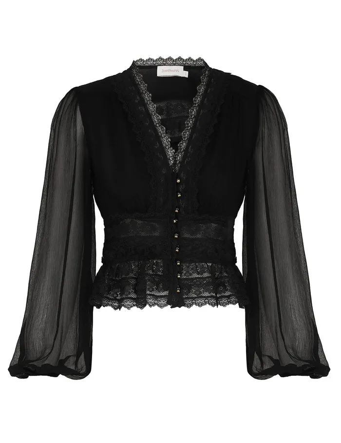 Women Zimmermann Tops Illustration V Neck Blouse Black