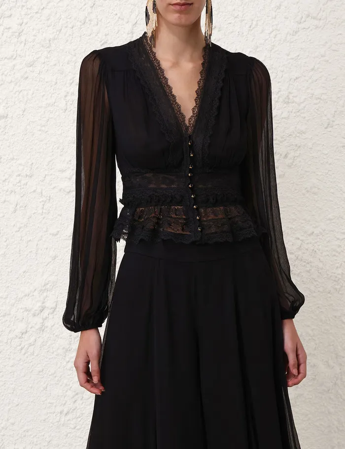 Women Zimmermann Tops Illustration V Neck Blouse Black