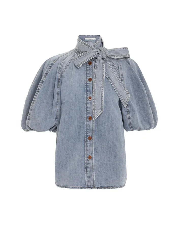 Women Zimmermann Tops Lantern Sleeve Shirt Faded Blue