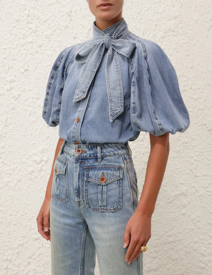 Women Zimmermann Tops Lantern Sleeve Shirt Faded Blue