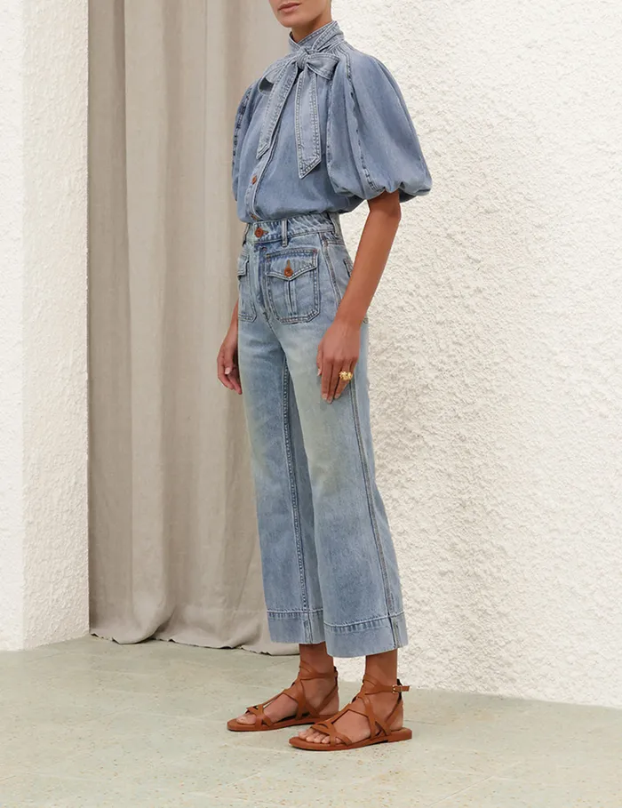Women Zimmermann Tops Lantern Sleeve Shirt Faded Blue