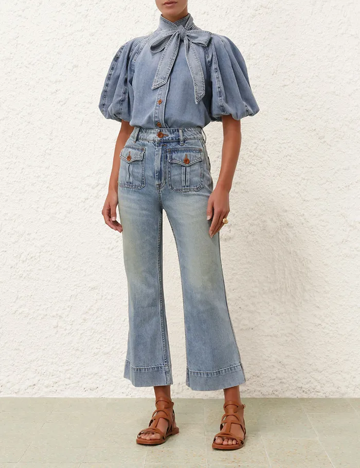 Women Zimmermann Tops Lantern Sleeve Shirt Faded Blue