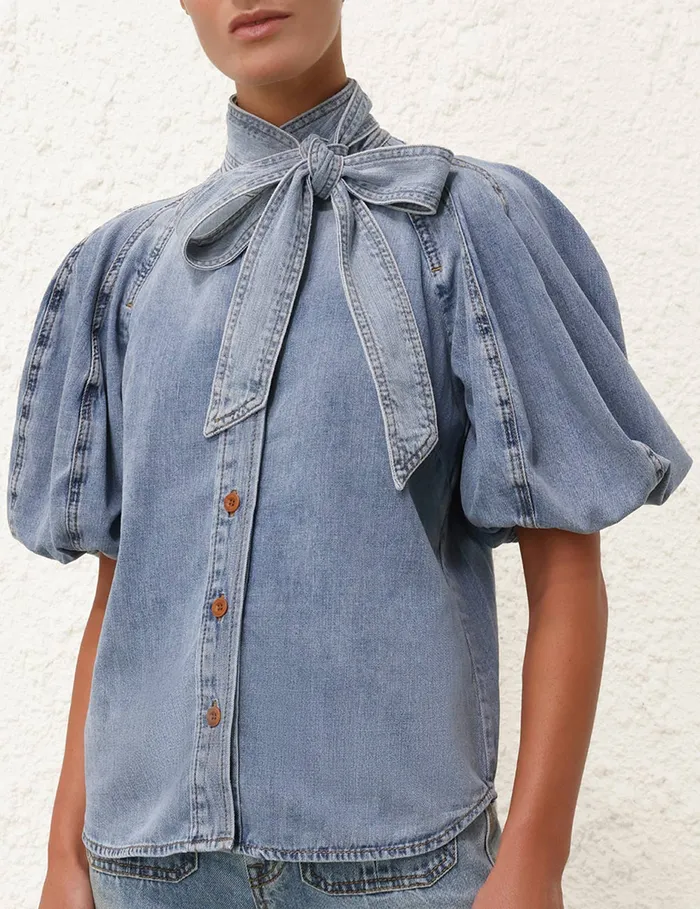 Women Zimmermann Tops Lantern Sleeve Shirt Faded Blue