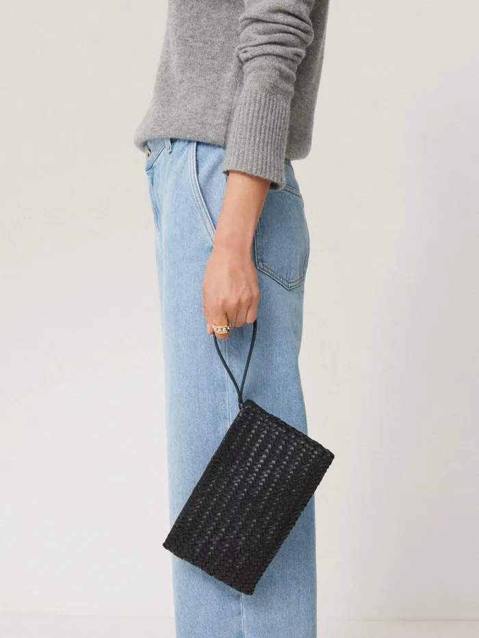 Woven Leather Pouch Black Women Jigsaw Bags