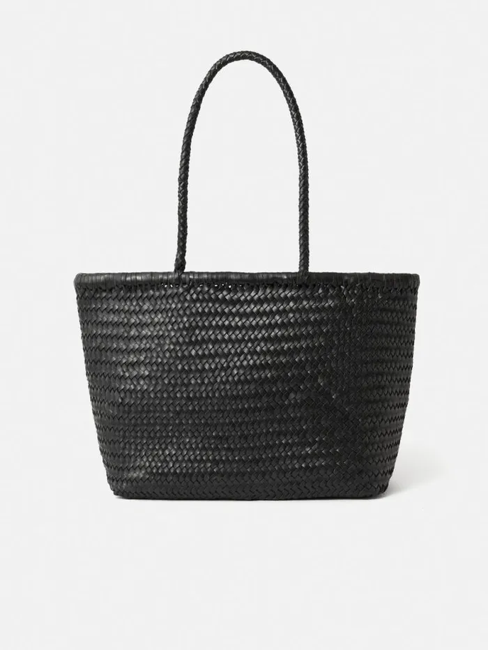 Woven Leather Tote Bag Black Women Jigsaw Leather